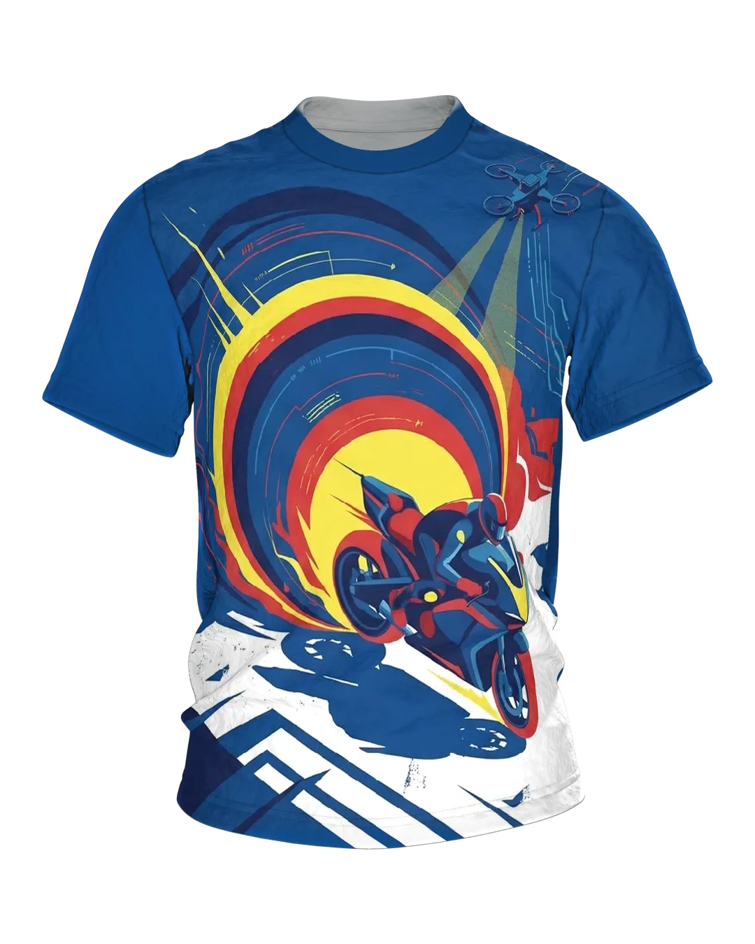 Cyberpunk Sportbike T-shirt: Cornering Chase Under the Drone