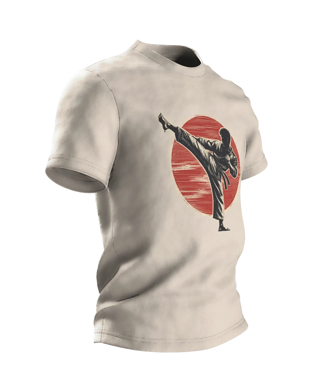 Karate T-Shirt High Kick Against a Red Sun, Martial Arts, Side view, left