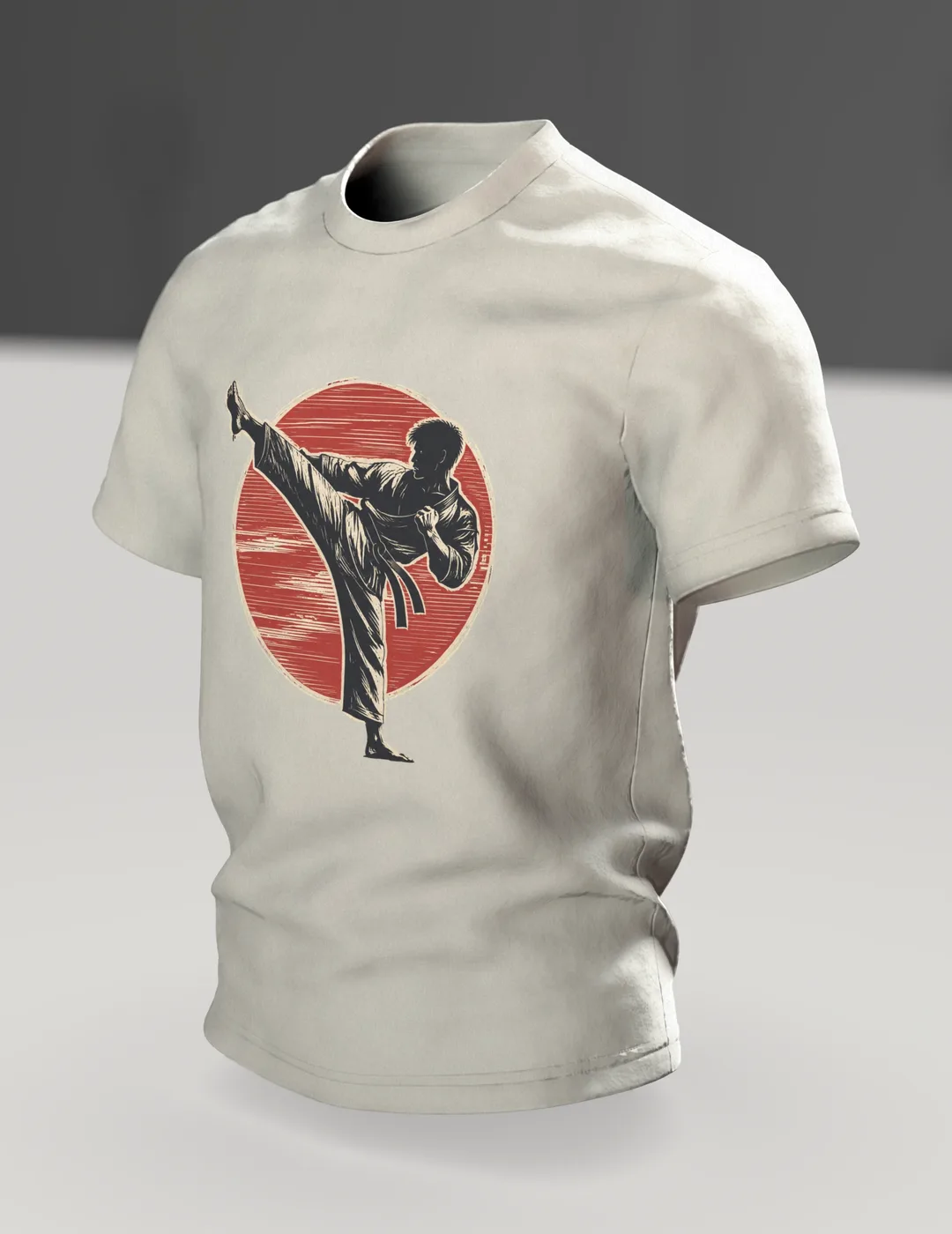 Karate T-Shirt High Kick Against a Red Sun, Martial Arts, In context, angled