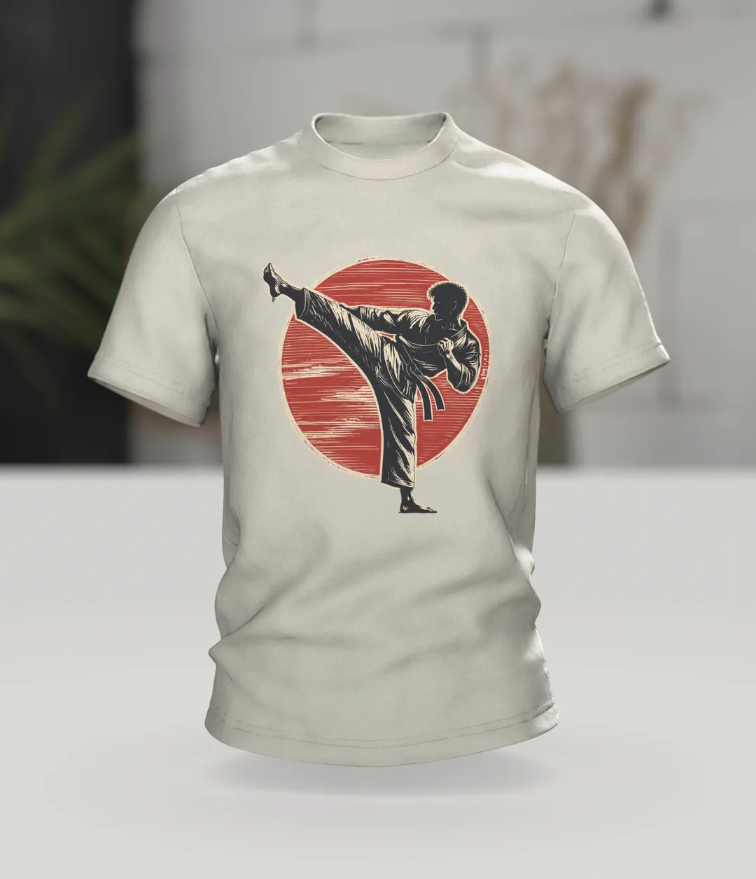 Karate T-Shirt High Kick Against a Red Sun, Martial Arts, In context