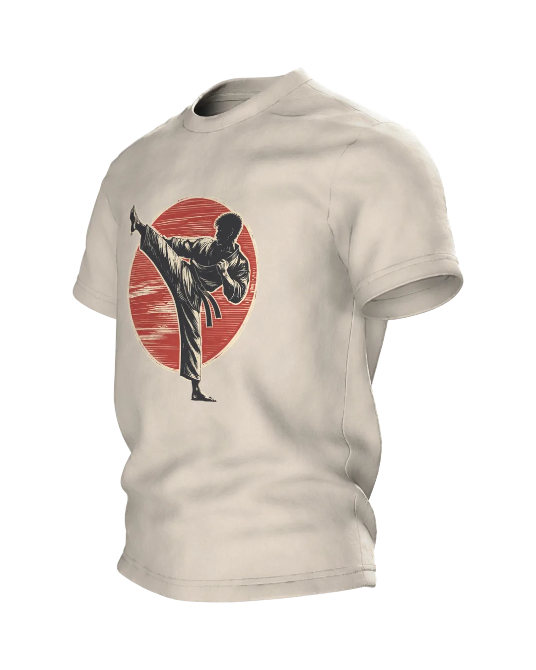 Karate T-Shirt High Kick Against a Red Sun, Martial Arts, Side view, right