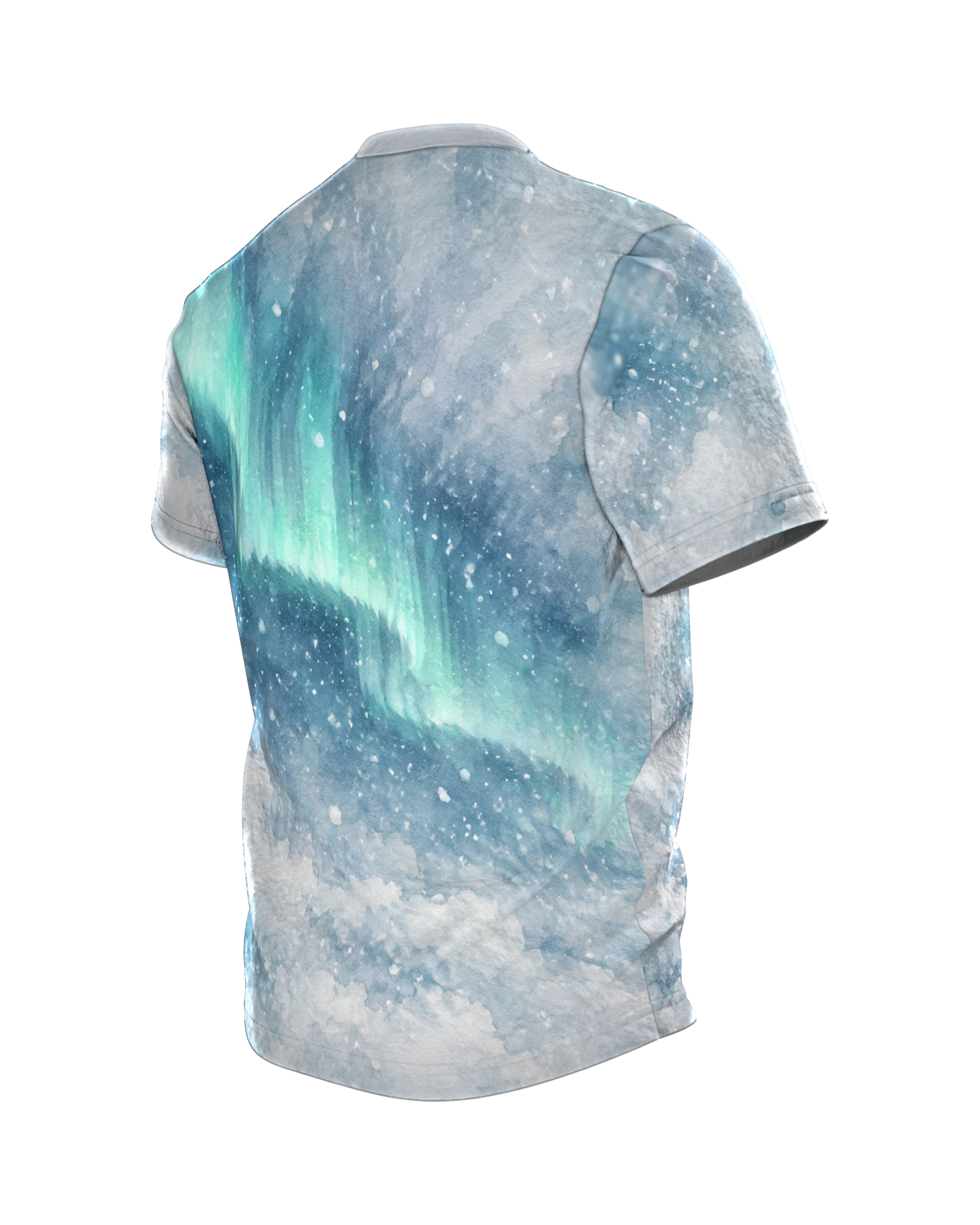 Eisbär Mama Shirt: Eisbärin mit Jungen im Schneegestöber, Rückseite schräg links