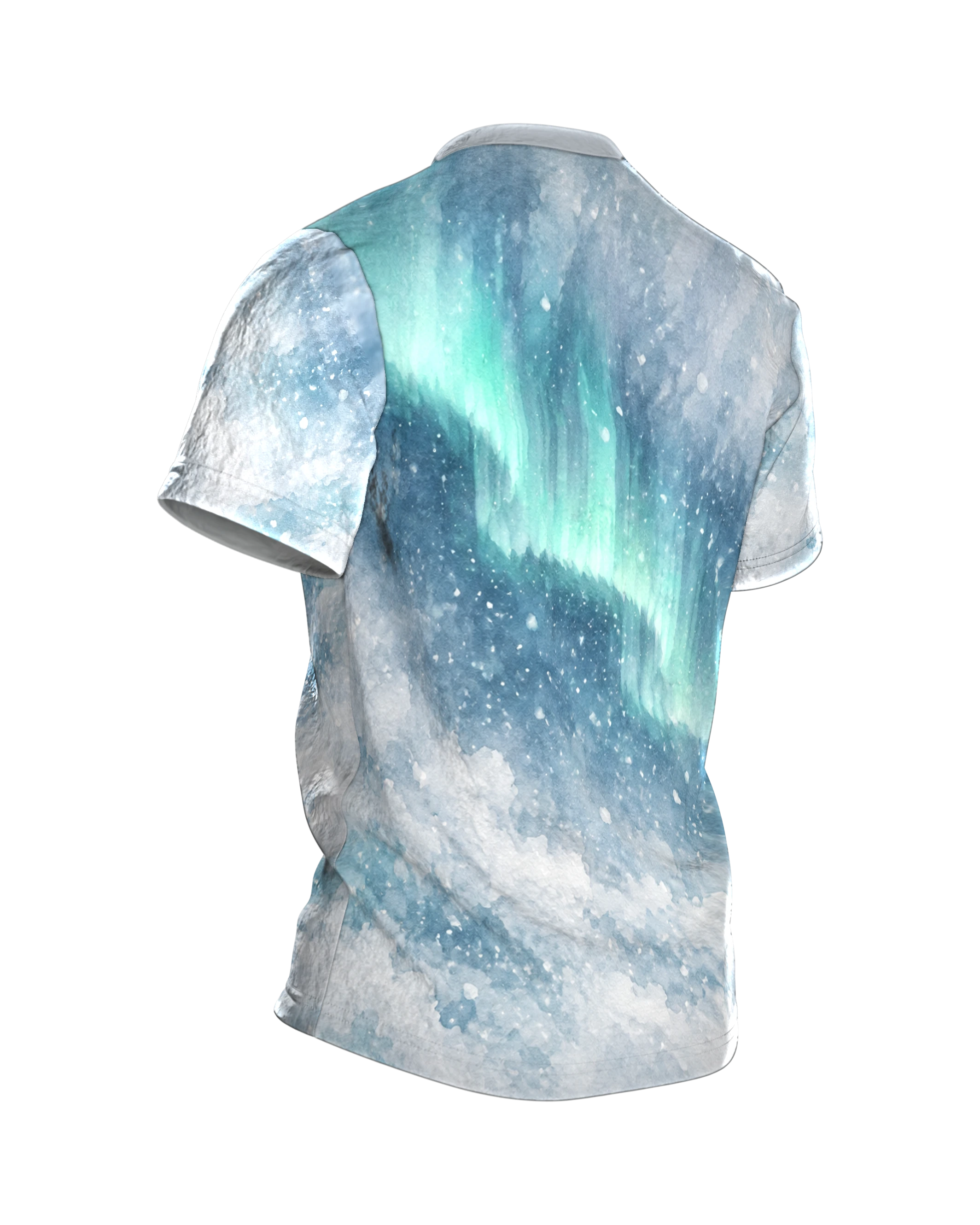 Eisbär Mama Shirt: Eisbärin mit Jungen im Schneegestöber, Rückseite schräg rechts