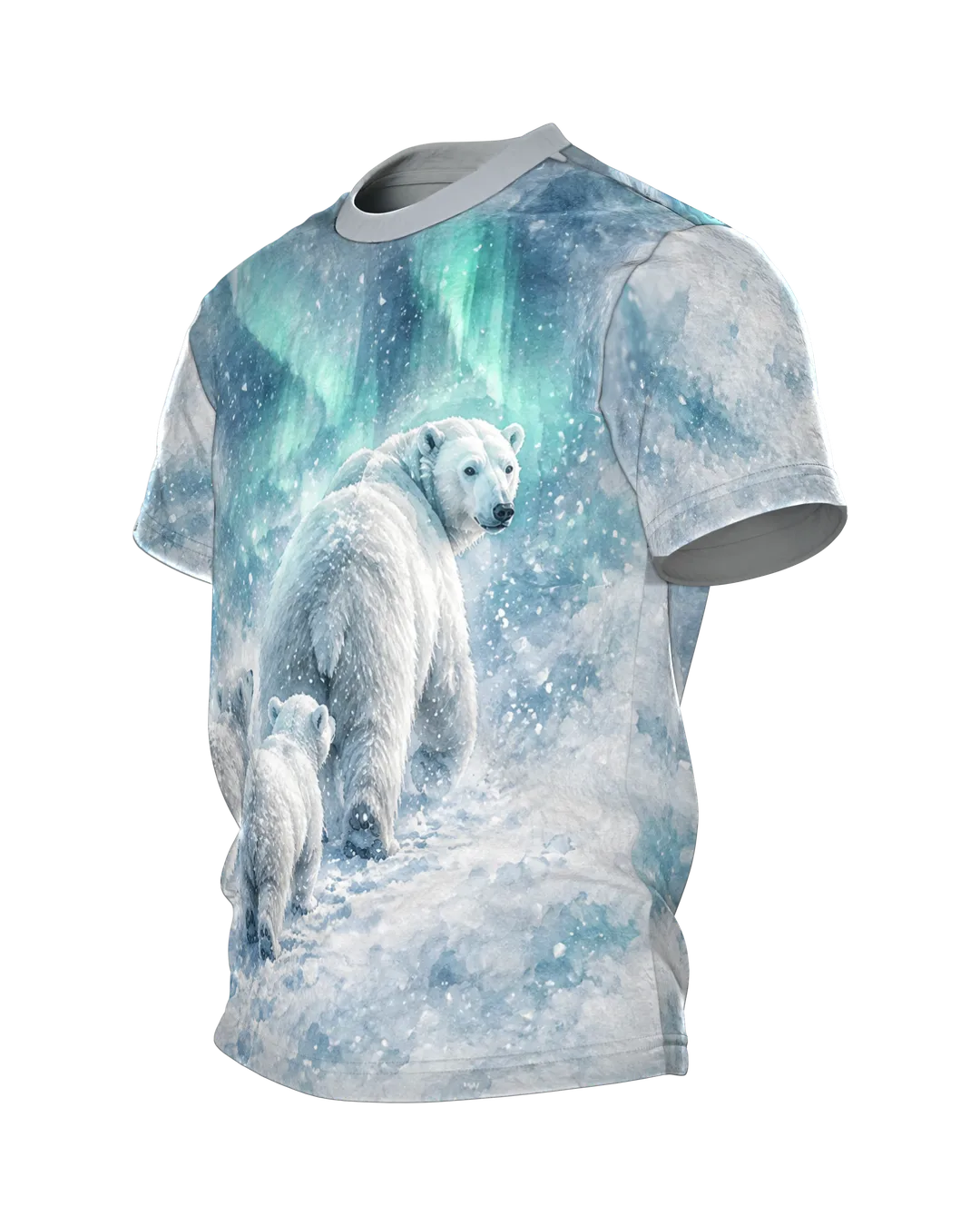 Eisbär Mama Shirt: Eisbärin mit Jungen im Schneegestöber, Seitenansicht rechts