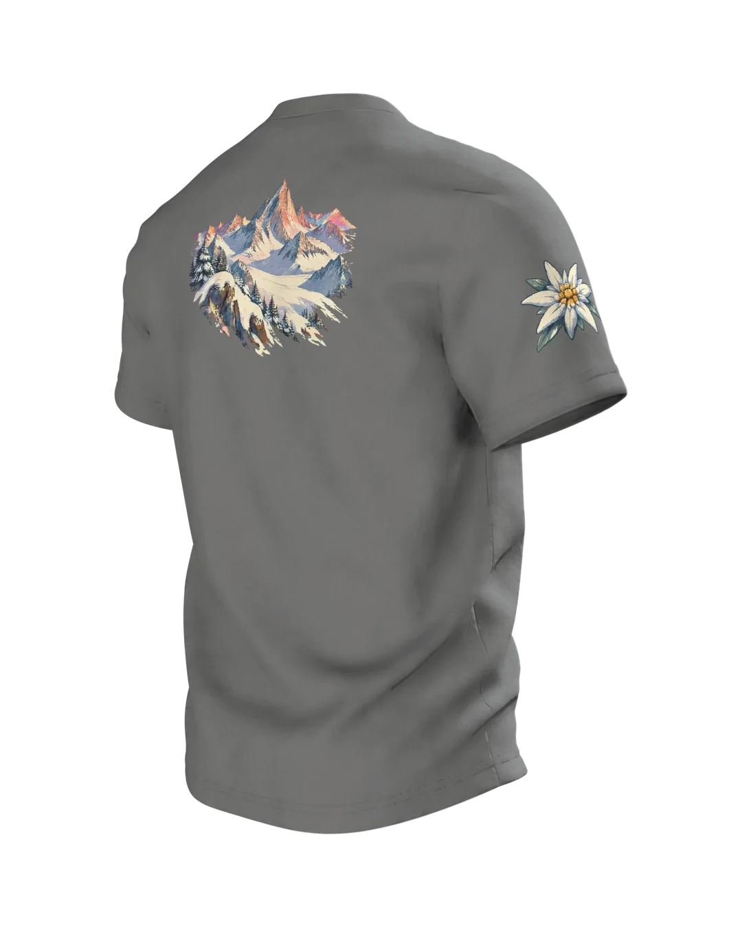 Skihütte Alpen Motiv-Shirt: Retro Winterlandschaft, Rückseite schräg links