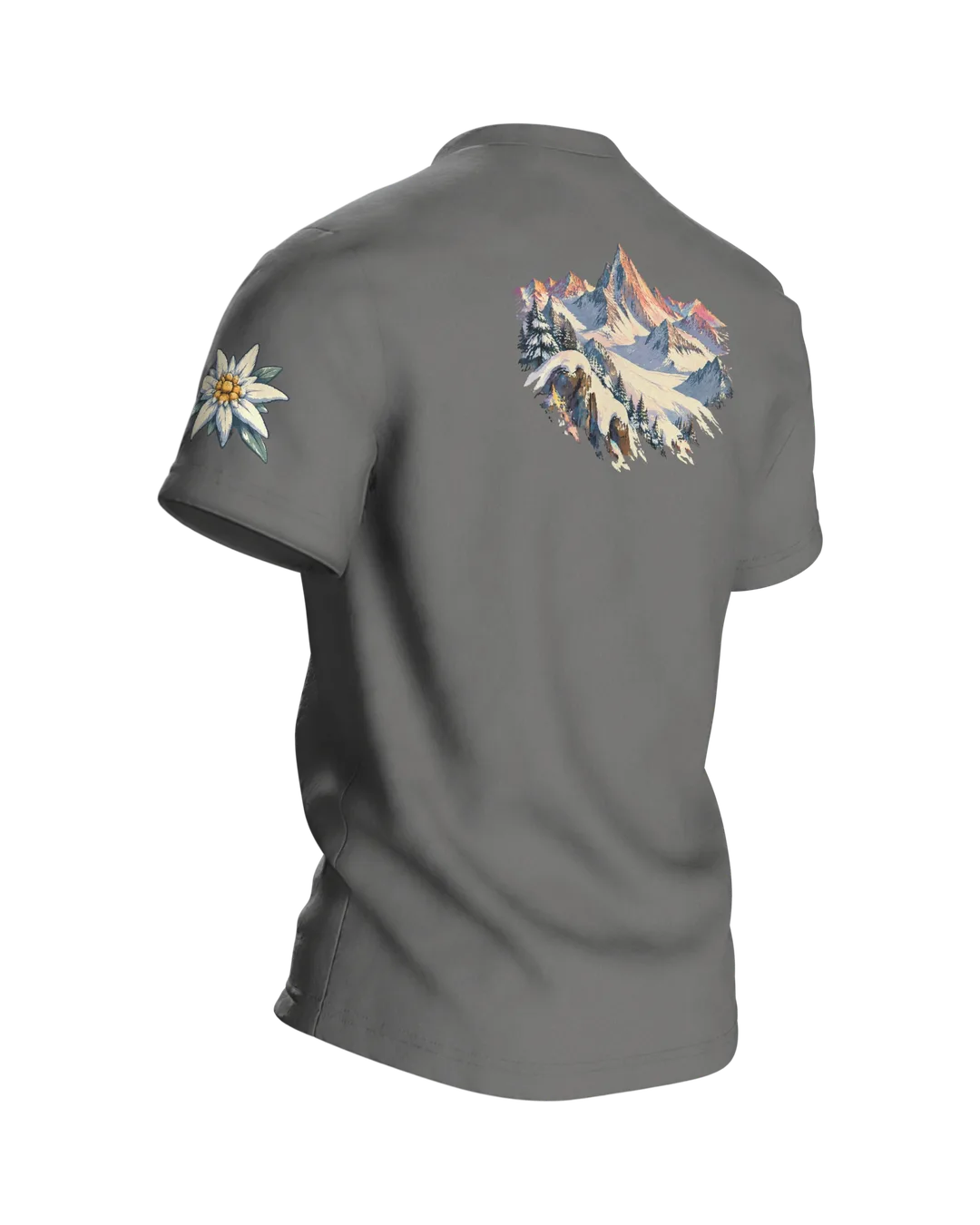 Skihütte Alpen Motiv-Shirt: Retro Winterlandschaft, Rückseite schräg rechts