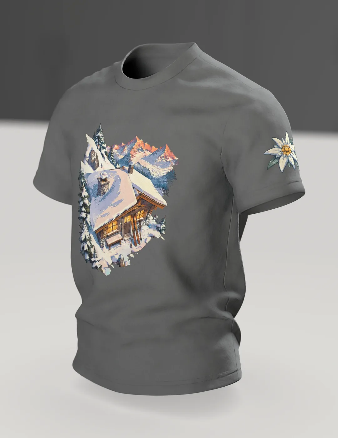 Skihütte Alpen Motiv-Shirt: Retro Winterlandschaft, Im Raum, schräg