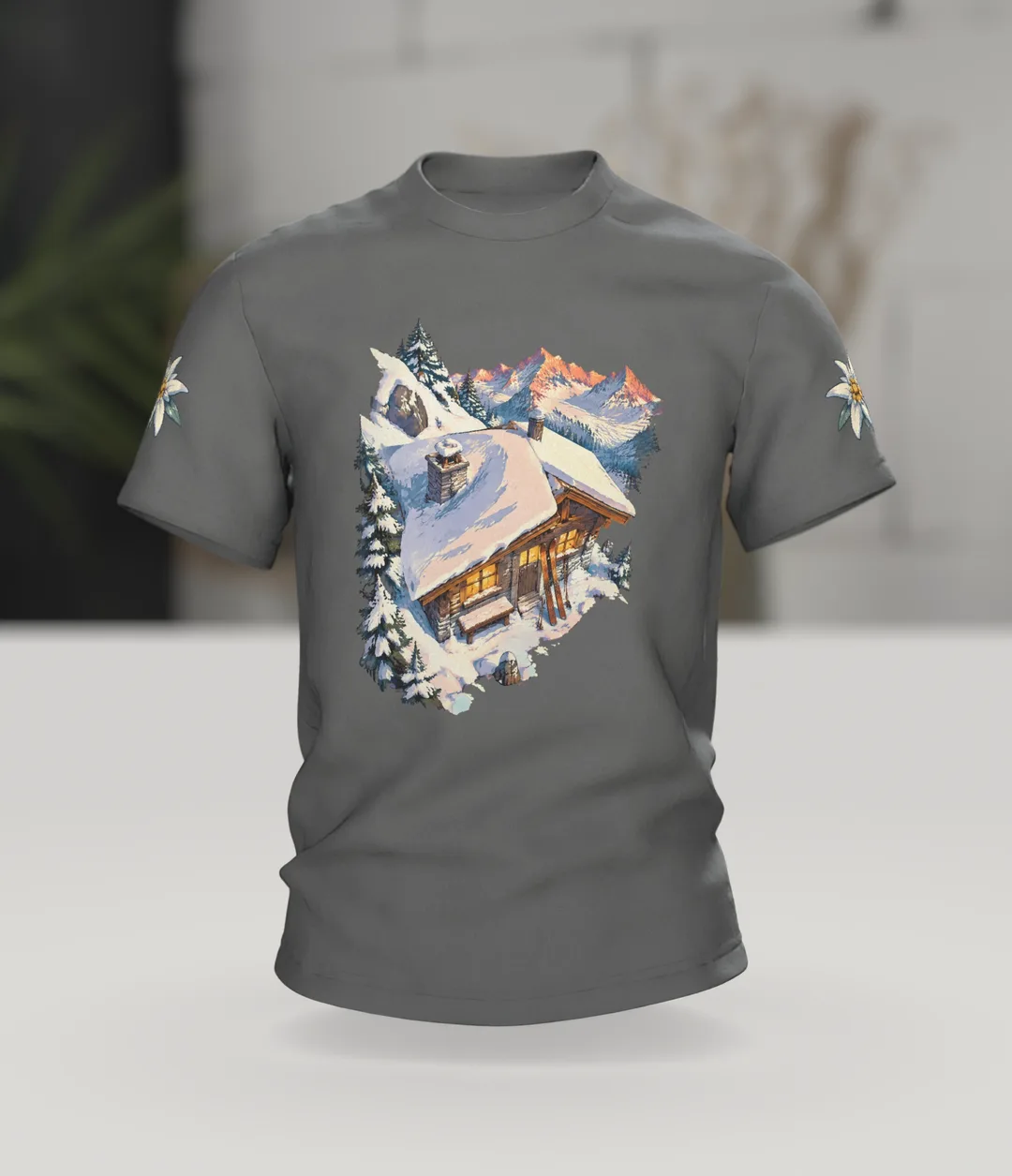 Skihütte Alpen Motiv-Shirt: Retro Winterlandschaft, Im Raum