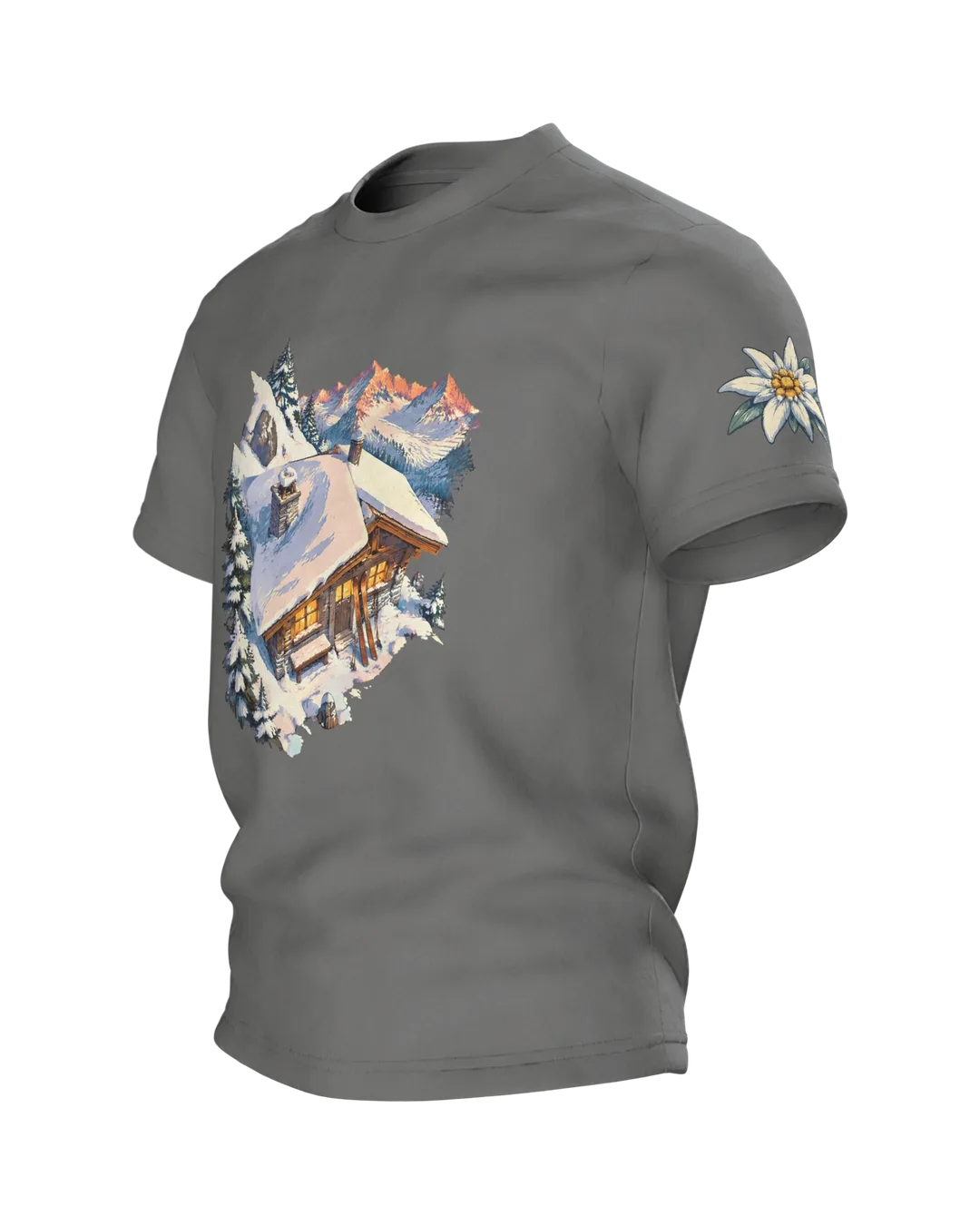 Skihütte Alpen Motiv-Shirt: Retro Winterlandschaft, Seitenansicht rechts