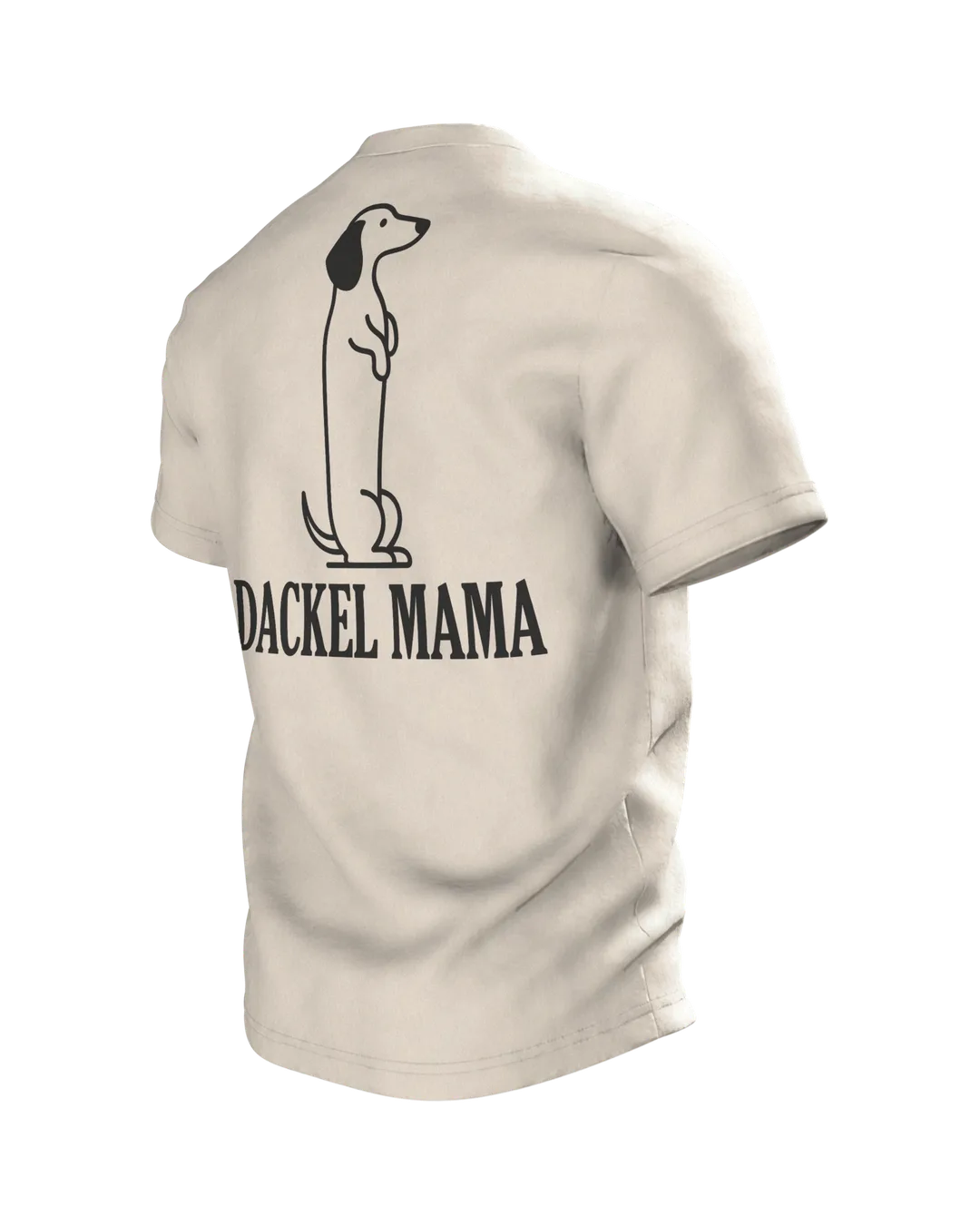 Dackel Mama T-Shirt, minimalistische Dackel Linienkunst mit Schriftzug auf dem Rücken, Rückseite schräg links