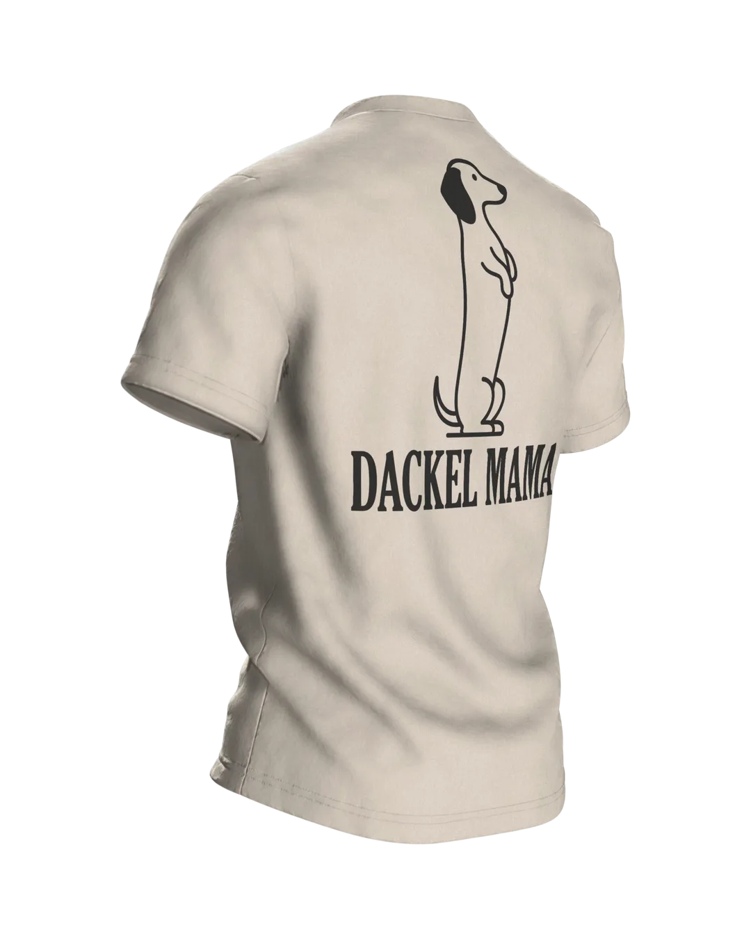 Dackel Mama T-Shirt, minimalistische Dackel Linienkunst mit Schriftzug auf dem Rücken, Rückseite schräg rechts