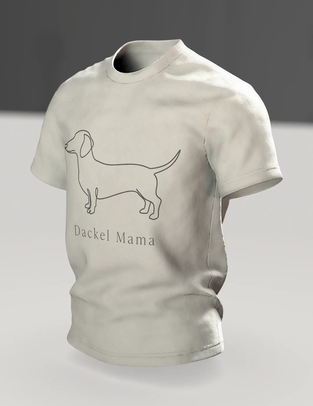 Dackel Mama T-Shirt, minimalistische Dackel Linienkunst mit Schriftzug auf dem Rücken, Im Raum, schräg