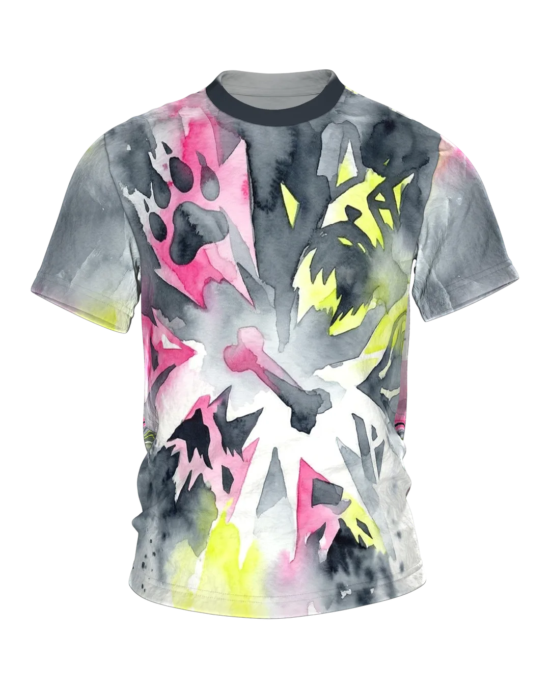 Neon Pfoten Hund T-Shirt, abstraktes Aquarell mit Knochen und Pfoten in Pink und Gelb