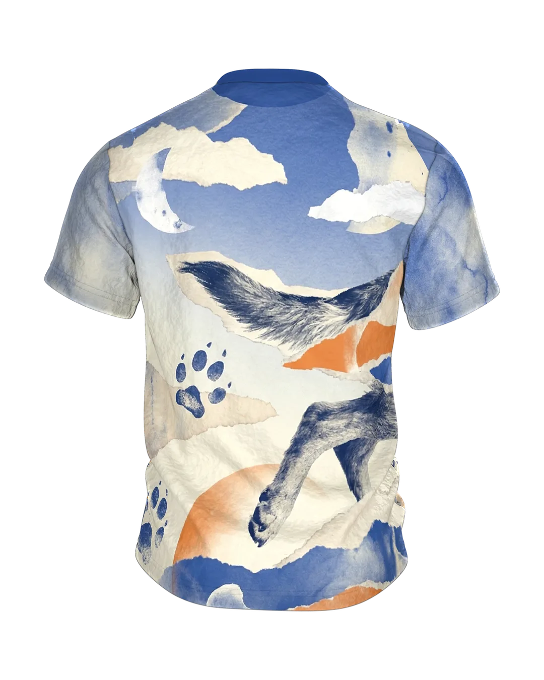Dog Watercolor Collage T-shirt, Memory Fragments in Blue Orange as an All-Over Print, Back