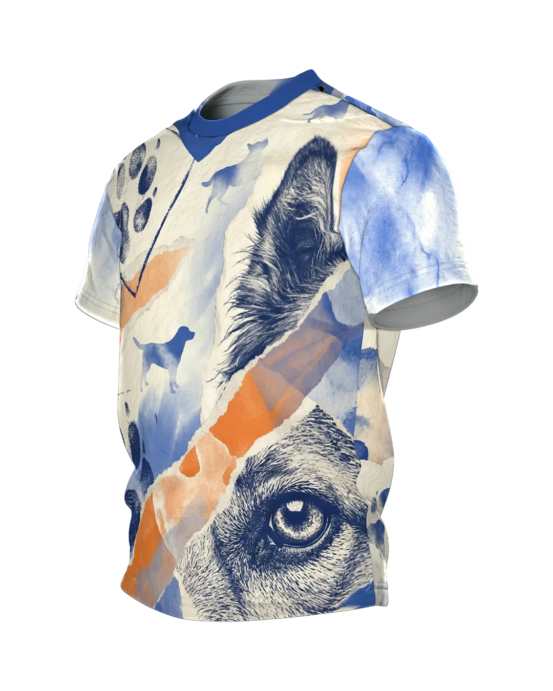 Dog Watercolor Collage T-shirt, Memory Fragments in Blue Orange as an All-Over Print, Side view, right