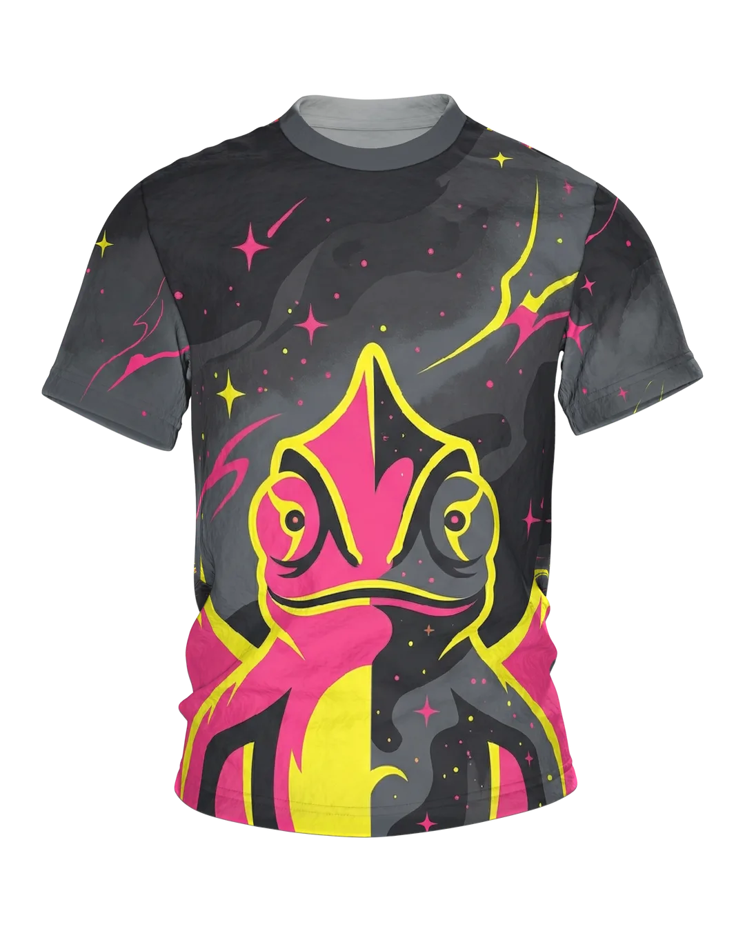 Cosmic Chameleon T-shirt, half-camouflaged neon reptile with spiral tail on the back