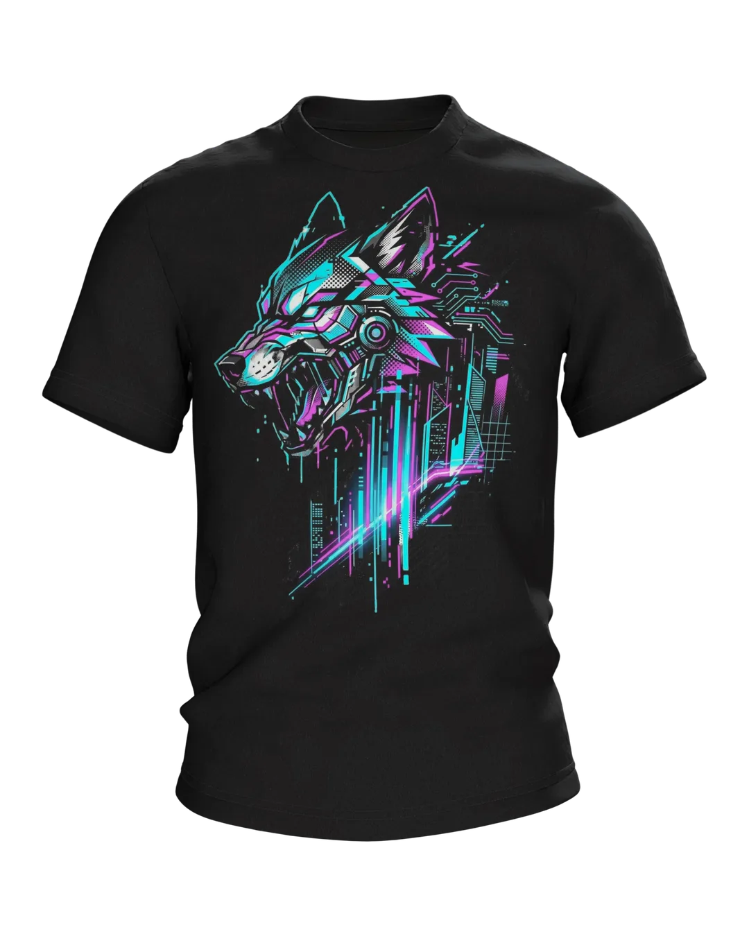 Cyber Wolf T-Shirt: Knurrender Wolf mit Neon-Skyline