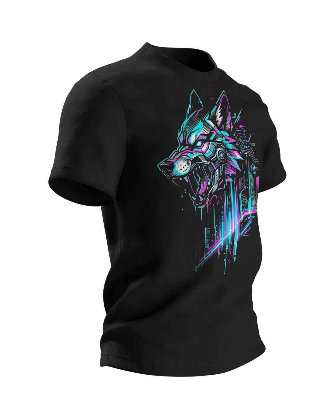 Cyber Wolf T-Shirt: Snarling Wolf with Neon Skyline, Side view, left