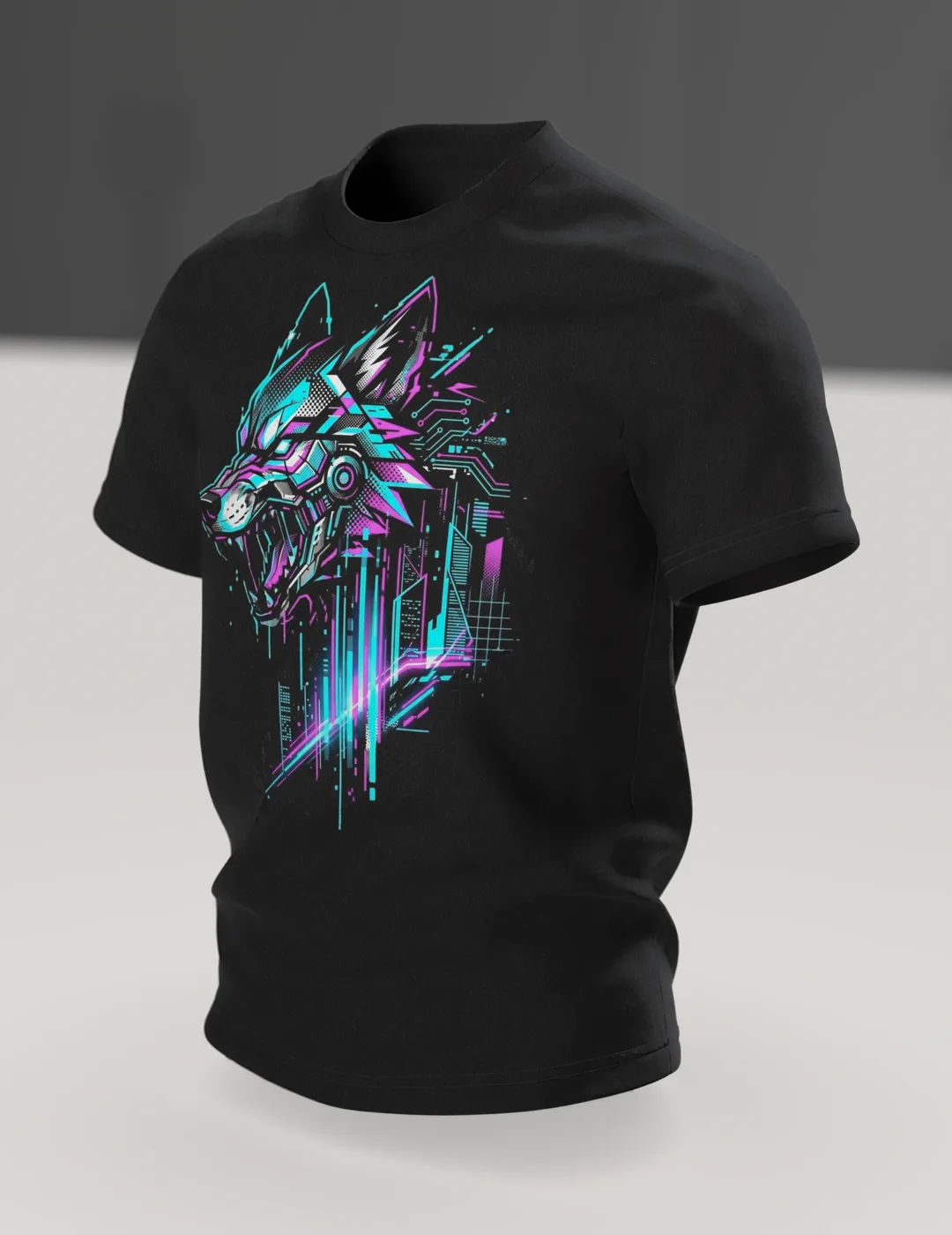 Cyber Wolf T-Shirt: Snarling Wolf with Neon Skyline, In context, angled