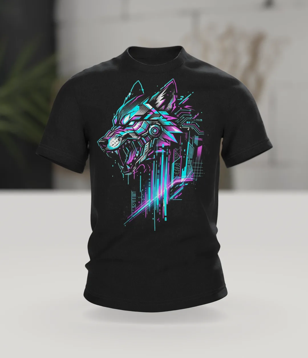 Cyber Wolf T-Shirt: Snarling Wolf with Neon Skyline, In context