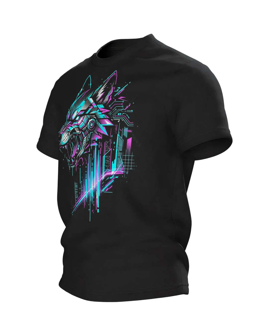 Cyber Wolf T-Shirt: Snarling Wolf with Neon Skyline, Side view, right