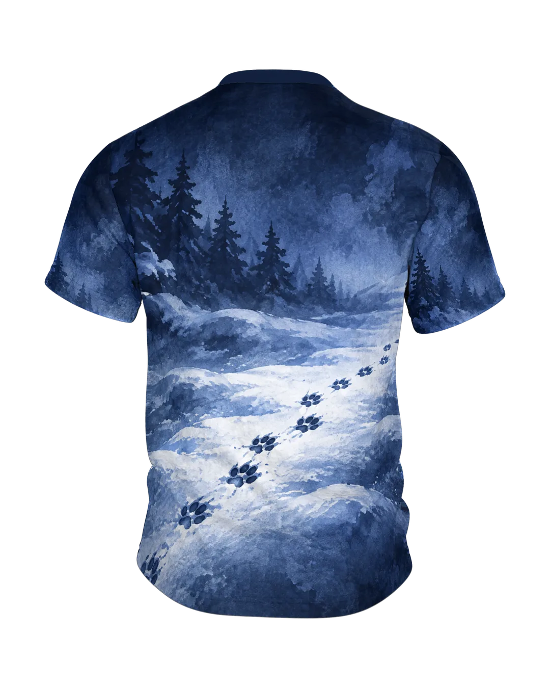 Fuchs im Schnee T-Shirt mit Vollmond über dem Winterwald, Pfotenspur auf dem Rücken, Tuschezeichnung in Blau und Weiß, Rückseite