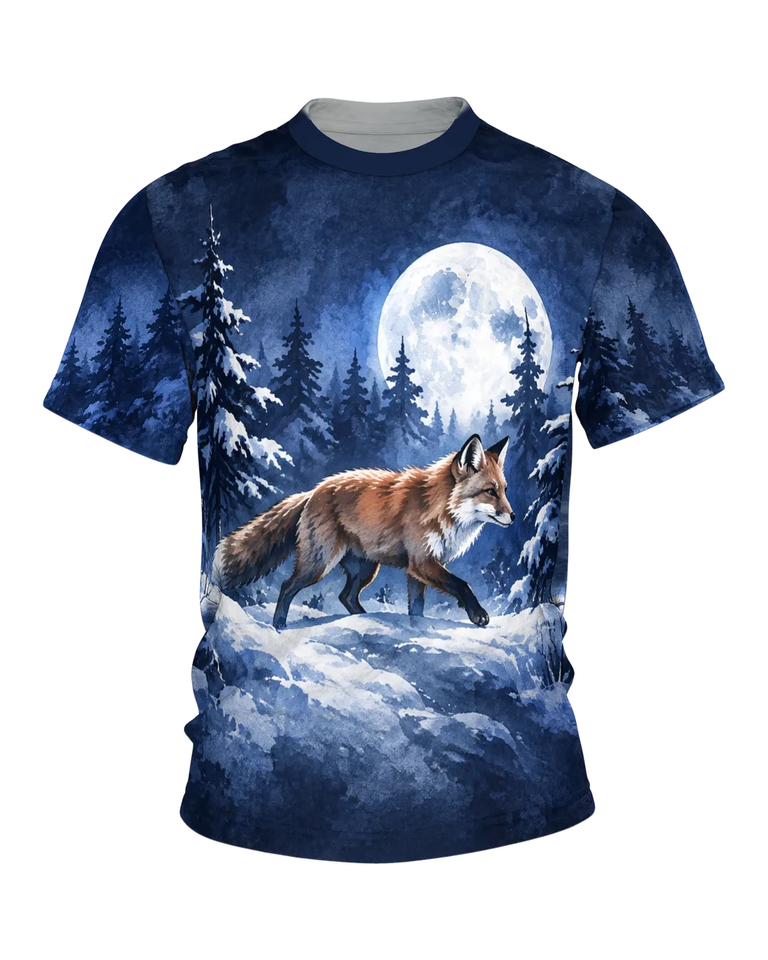 Winter Fox T-Shirt, Fox in the Snow under a Full Moon, Paw Prints on the Back, Blue and White Ink Drawing