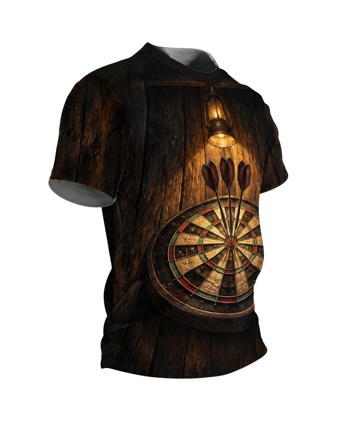 Darts Player Shirt: Three Darts in Lantern Light, Side view, left