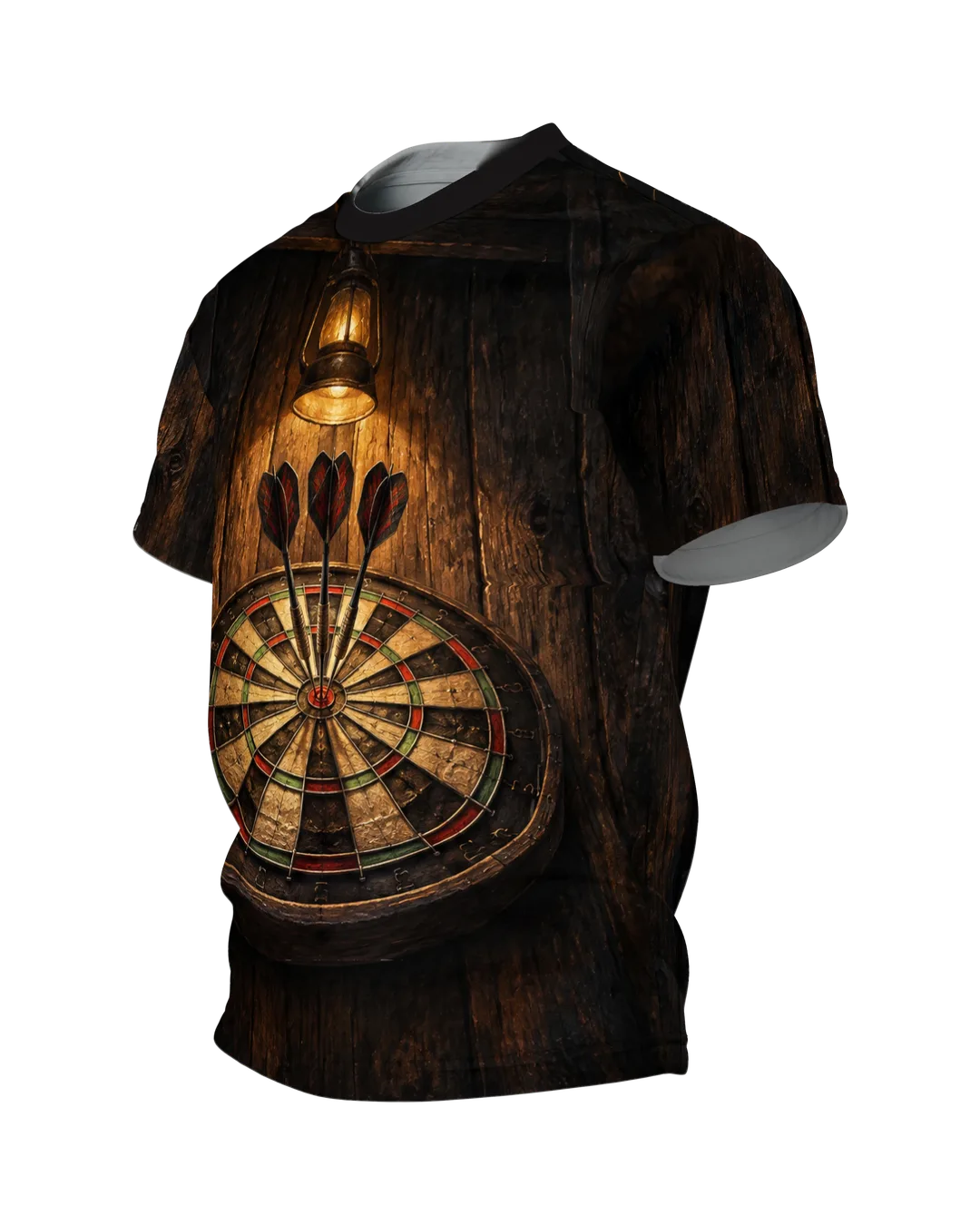 Darts Player Shirt: Three Darts in Lantern Light, Side view, right