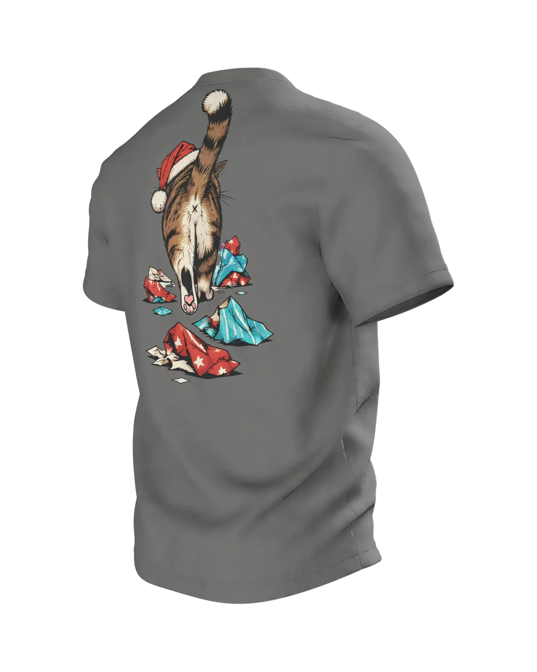 Weihnachtskatze T-Shirt: mürrische Weihnachtskatze mit Mütze im Geschenkpapier, Comic-Stil, Rückseite schräg links