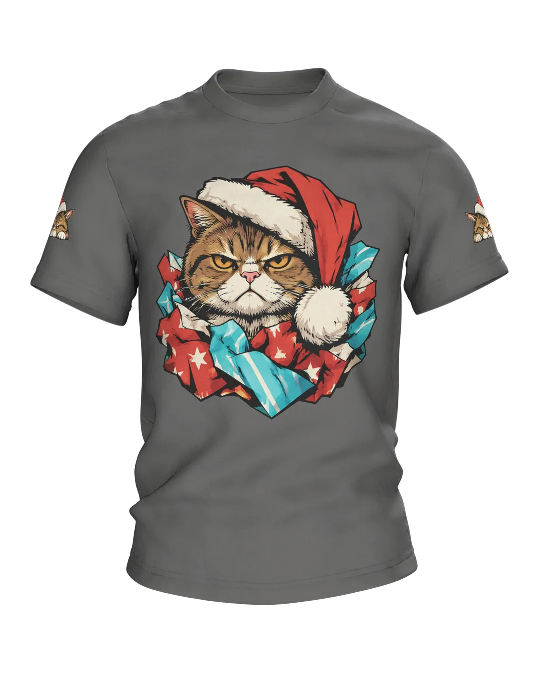 Christmas Cat T-Shirt: Grouchy Christmas Cat in a Santa Hat and Torn Wrapping Paper, Comic Style