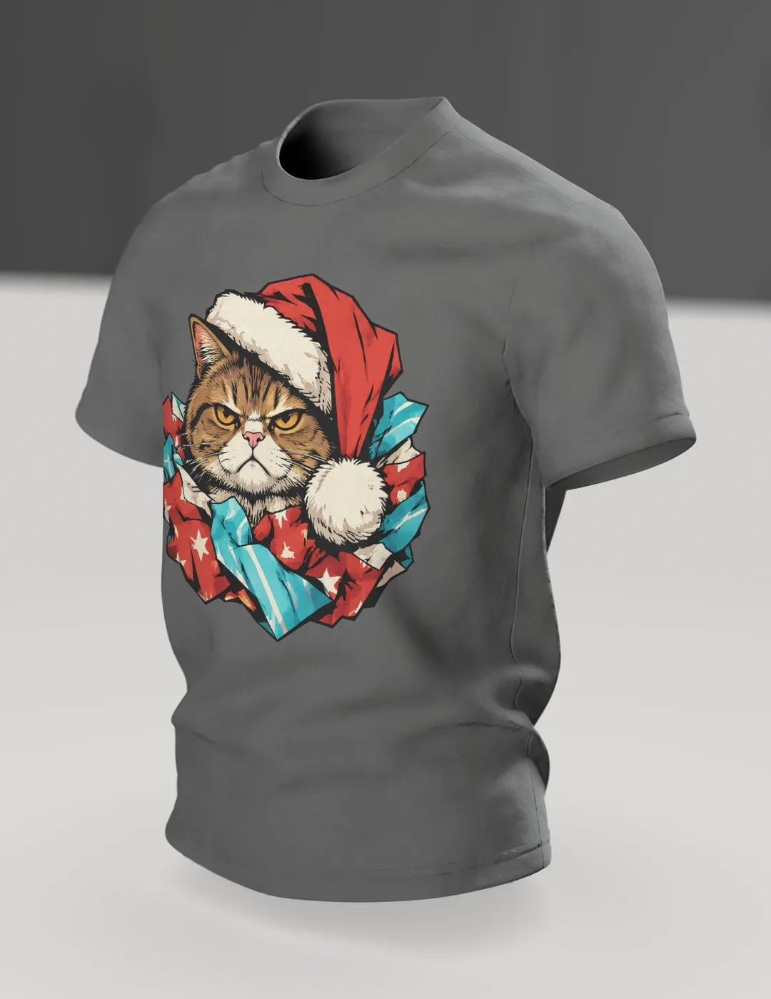 Christmas Cat T-Shirt: Grouchy Christmas Cat in a Santa Hat and Torn Wrapping Paper, Comic Style, In context, angled