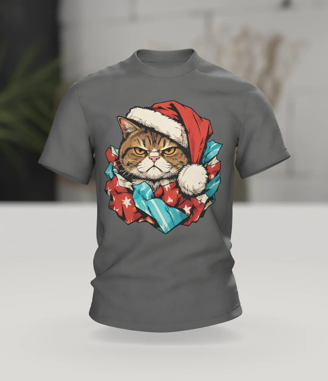 Christmas Cat T-Shirt: Grouchy Christmas Cat in a Santa Hat and Torn Wrapping Paper, Comic Style, In context