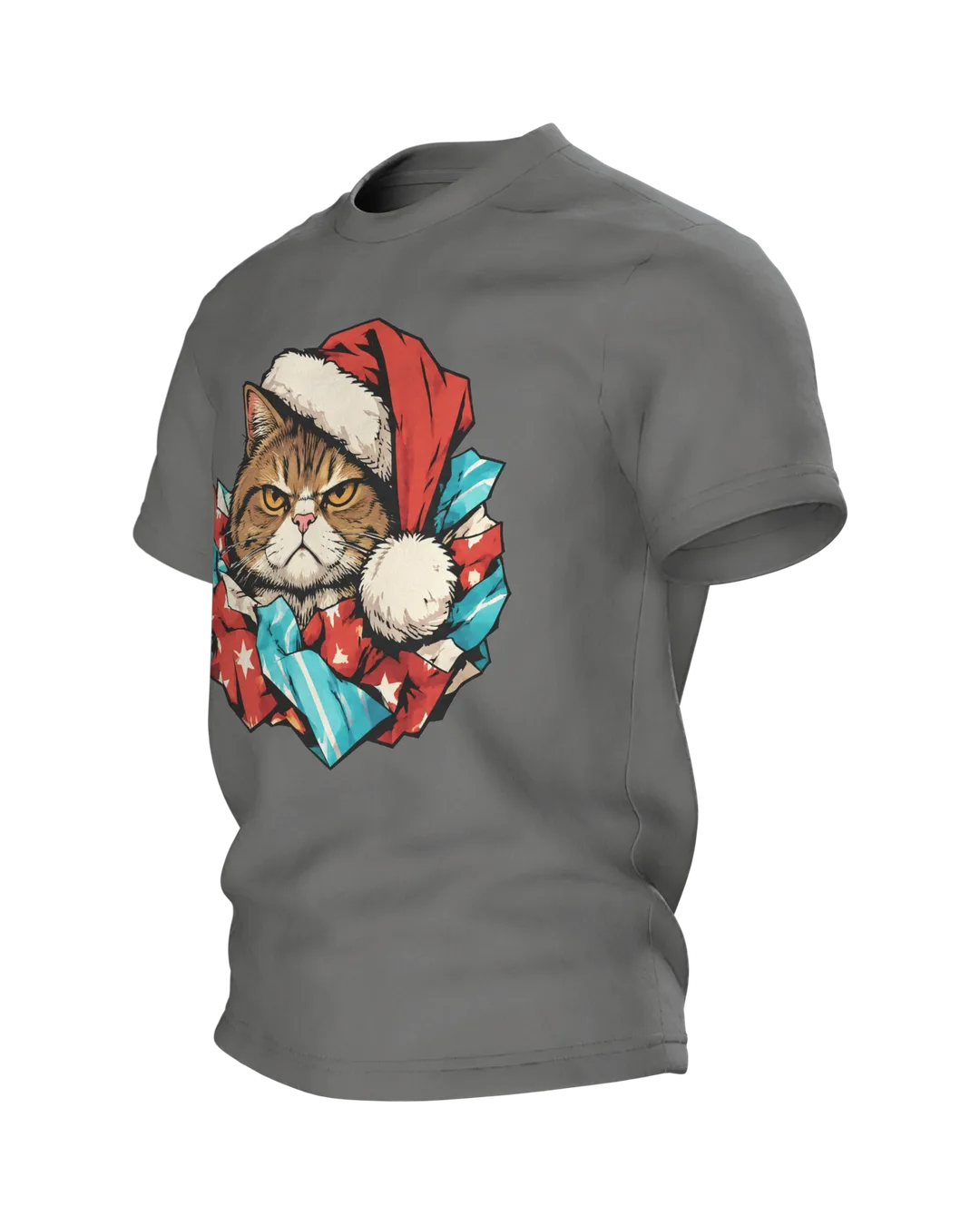 Christmas Cat T-Shirt: Grouchy Christmas Cat in a Santa Hat and Torn Wrapping Paper, Comic Style, Side view, right