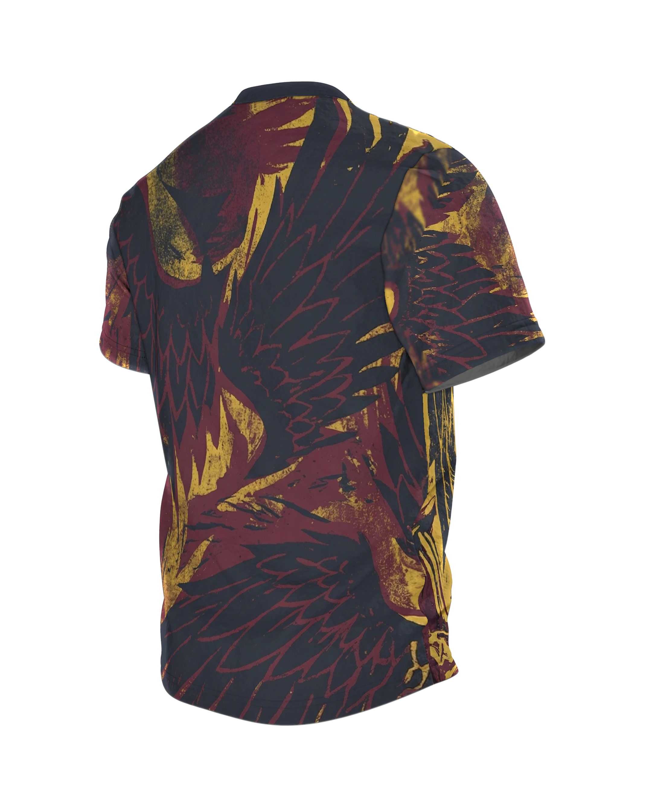 Phoenix Angel T-shirt, woodcut all-over print with a rise through flames in yellow, burgundy and black, Back, angled left