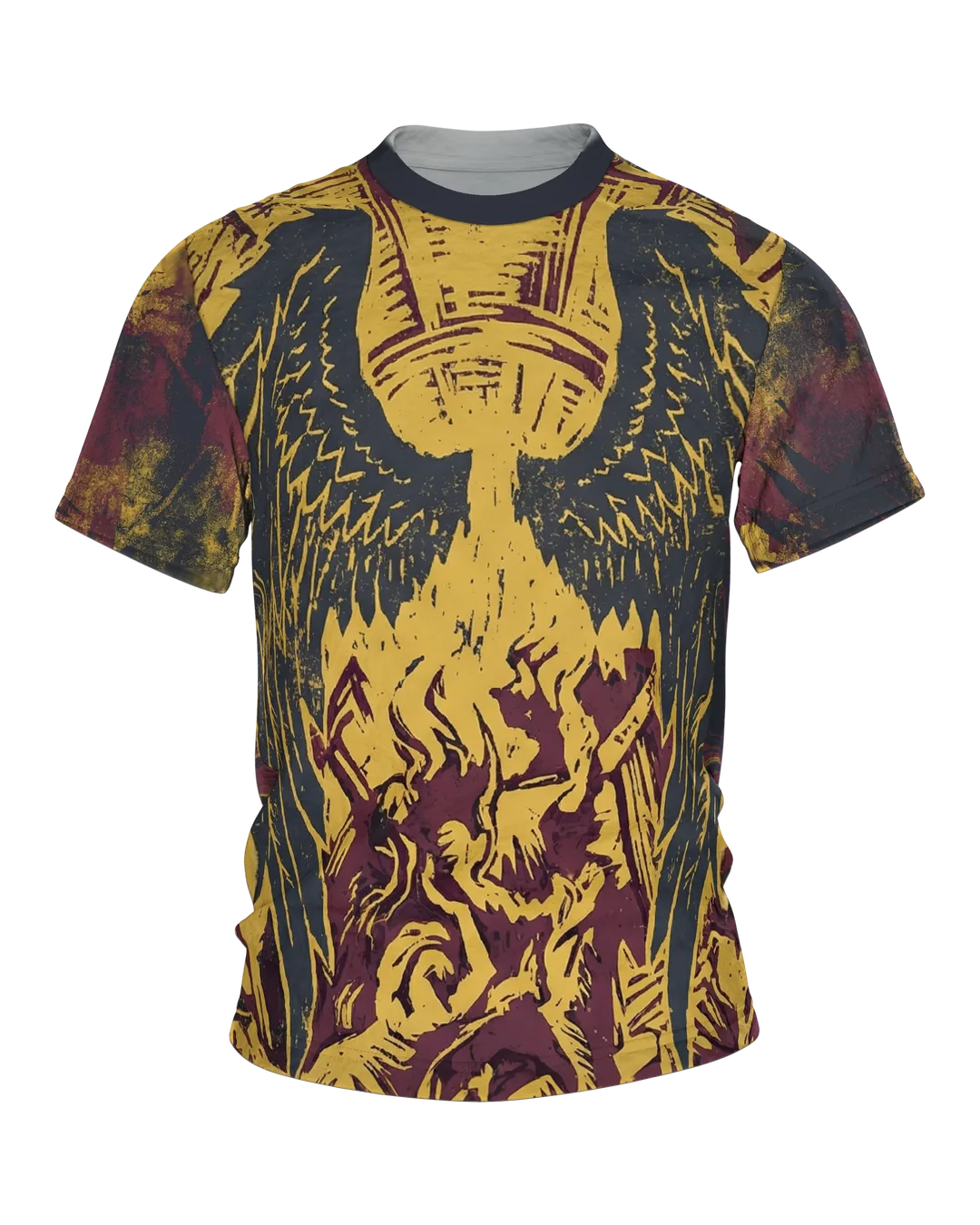 Phoenix-Engel T-Shirt, Holzschnitt-Allover mit Flammenaufstieg in Gelb Burgund Schwarz