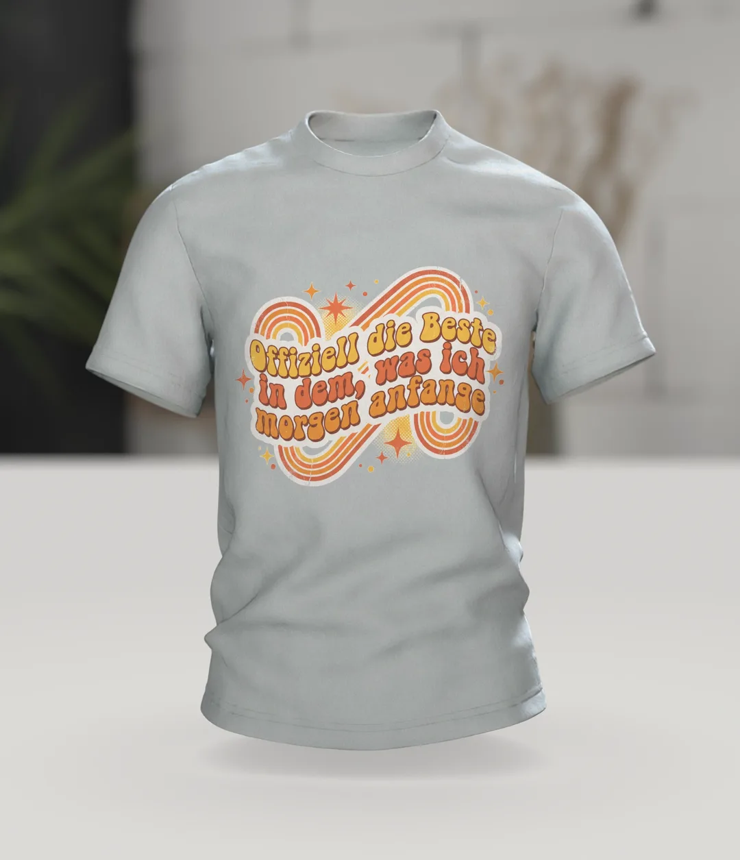 Prokrastination T-Shirt "Offiziell die Beste in dem, was ich morgen anfange", Retro 70s Spruch, Im Raum