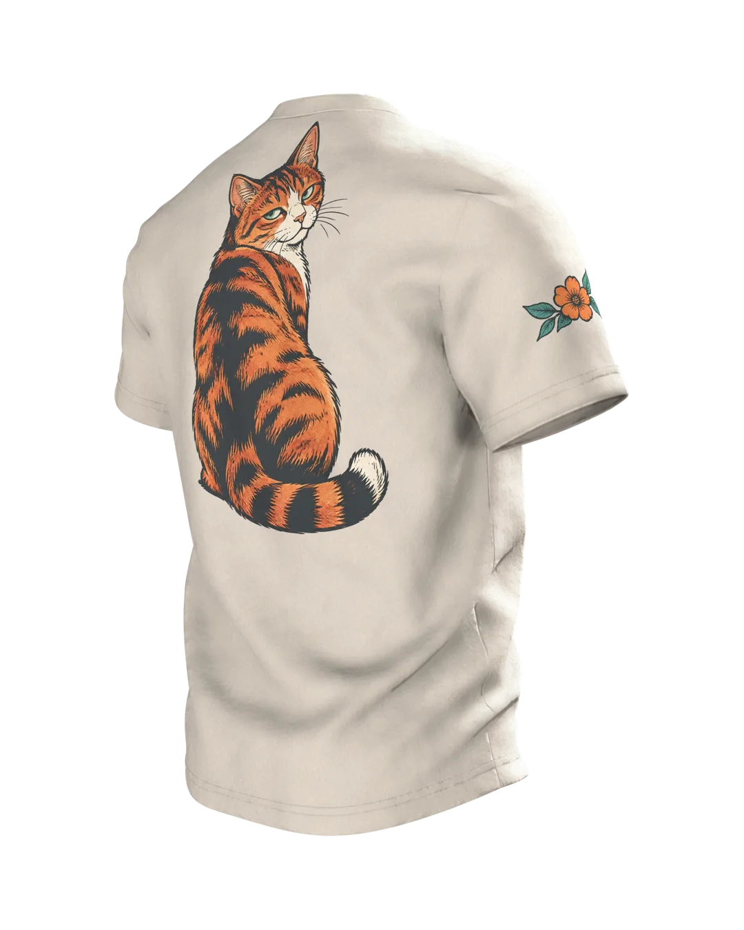 Lustiges Katzen T-Shirt: Katze schubst Vase vom Tisch, Comic-Stil, Rückseite schräg links