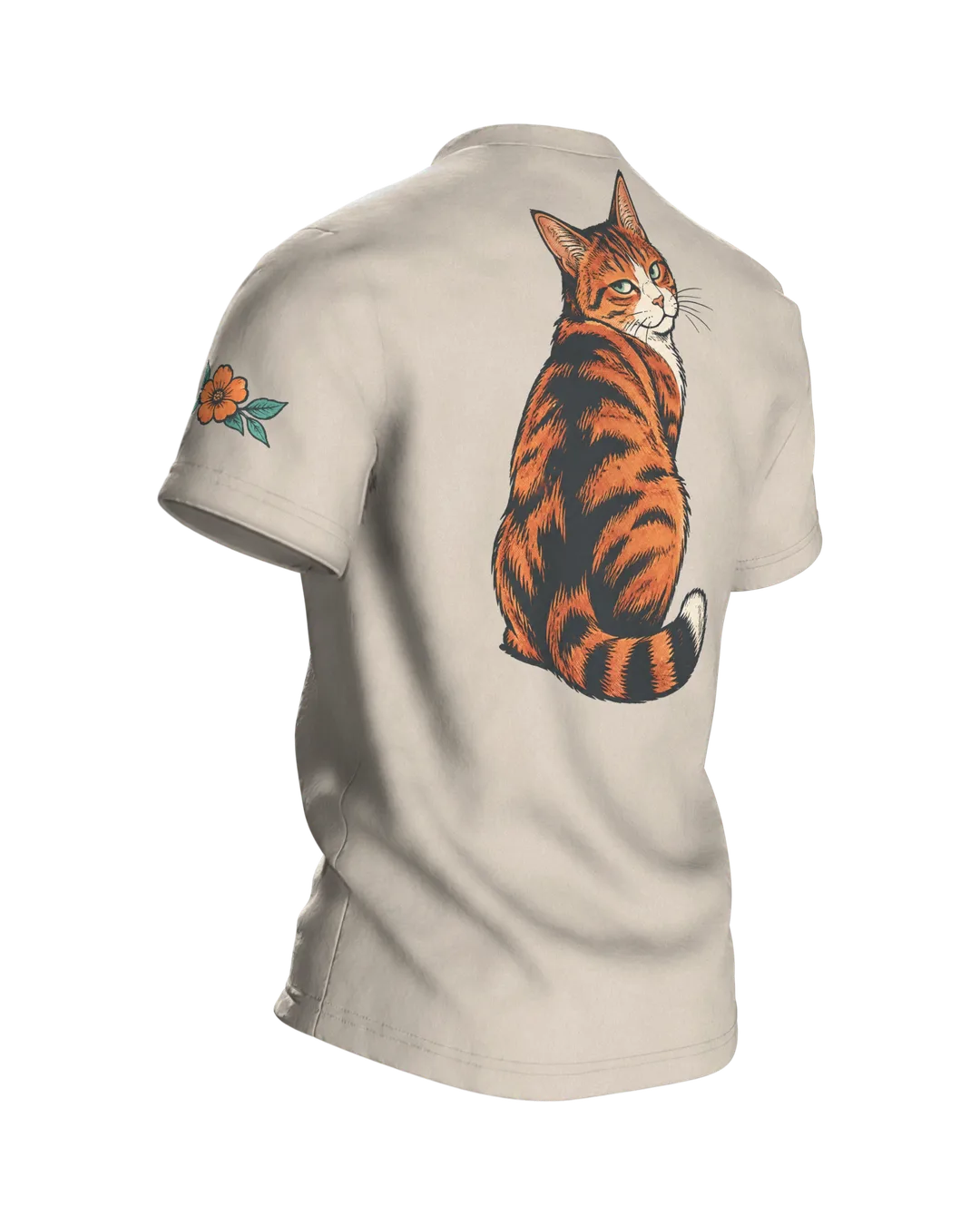 Lustiges Katzen T-Shirt: Katze schubst Vase vom Tisch, Comic-Stil, Rückseite schräg rechts
