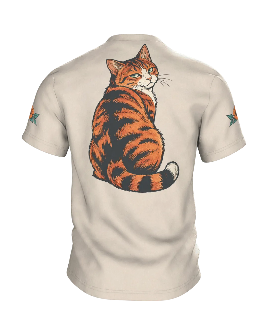 Lustiges Katzen T-Shirt: Katze schubst Vase vom Tisch, Comic-Stil, Rückseite