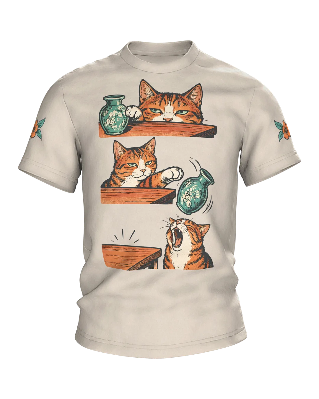 Funny Cat T-Shirt: Cat Knocks Vase Off Table, Comic Panel Art