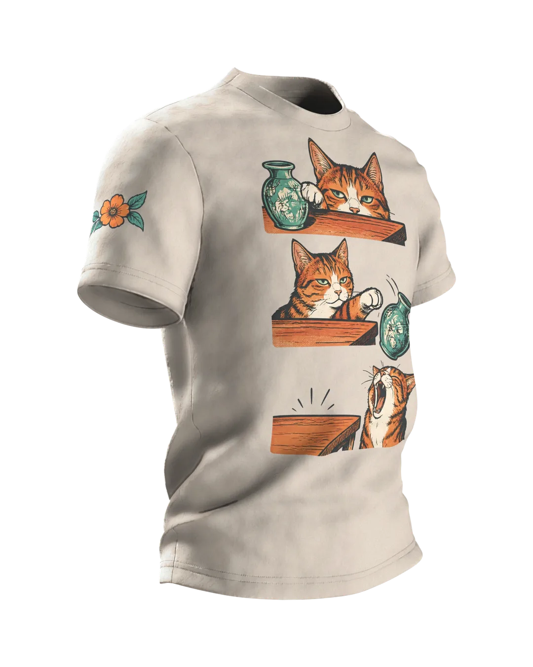 Lustiges Katzen T-Shirt: Katze schubst Vase vom Tisch, Comic-Stil, Seitenansicht links