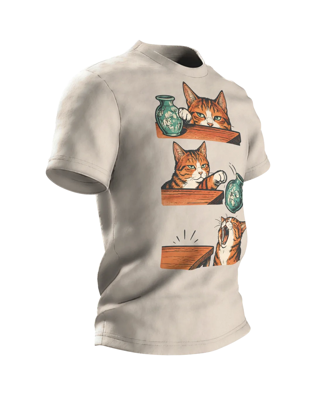 Funny Cat T-Shirt: Cat Knocks Vase Off Table, Comic Panel Art, Side view, left