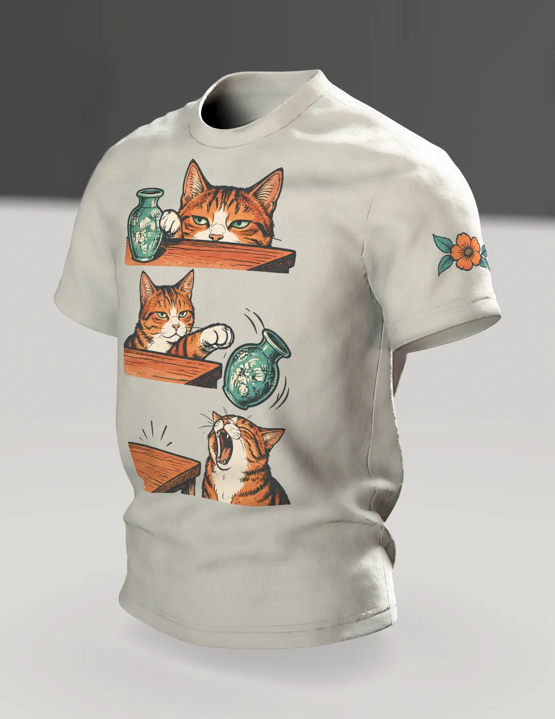 Lustiges Katzen T-Shirt: Katze schubst Vase vom Tisch, Comic-Stil, Im Raum, schräg