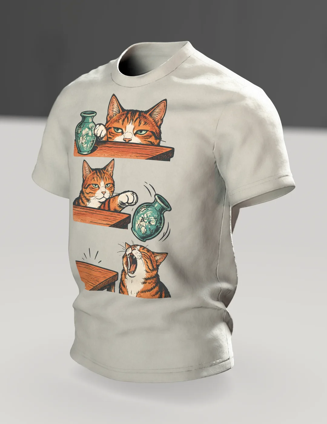 Funny Cat T-Shirt: Cat Knocks Vase Off Table, Comic Panel Art, In context, angled