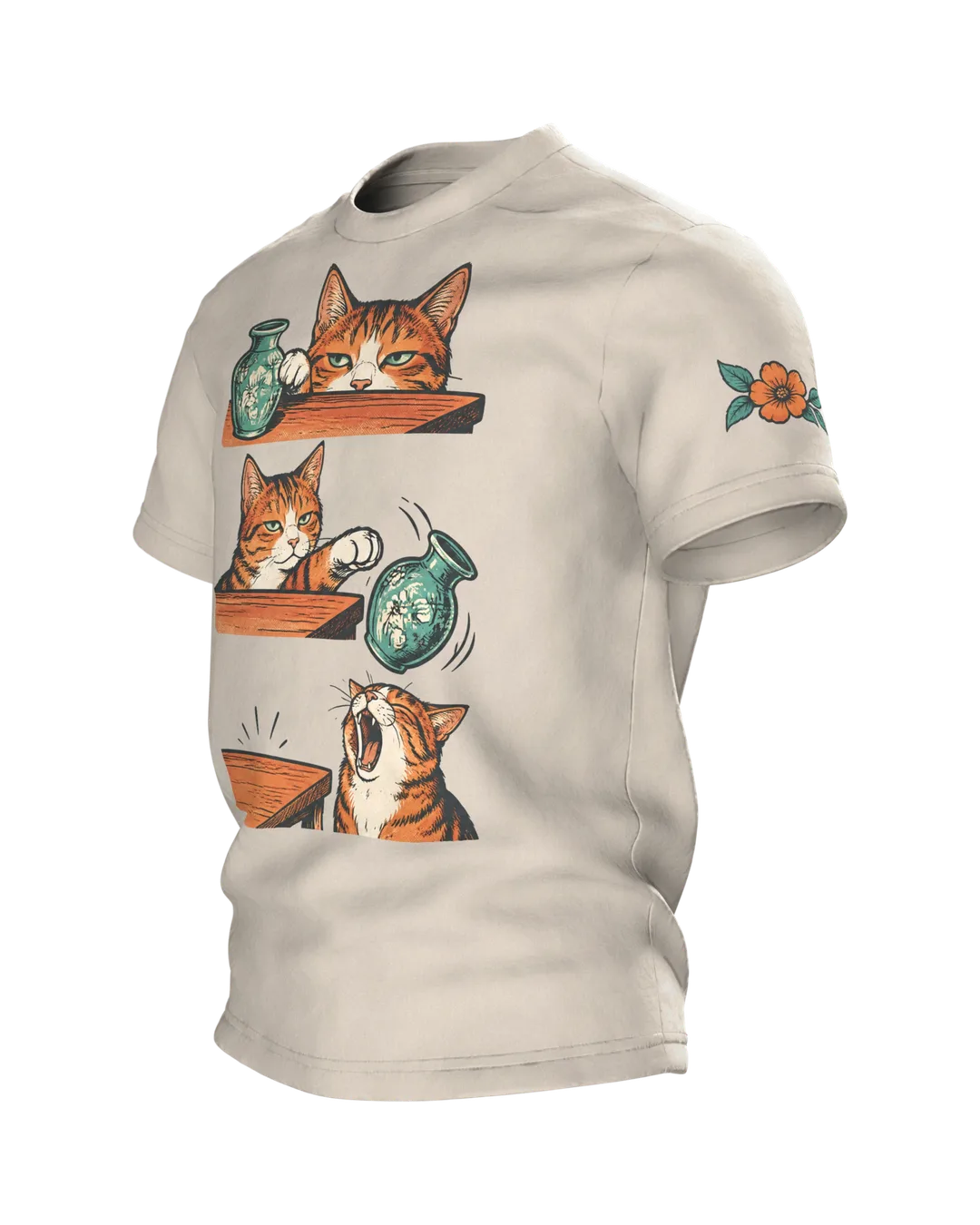 Lustiges Katzen T-Shirt: Katze schubst Vase vom Tisch, Comic-Stil, Seitenansicht rechts