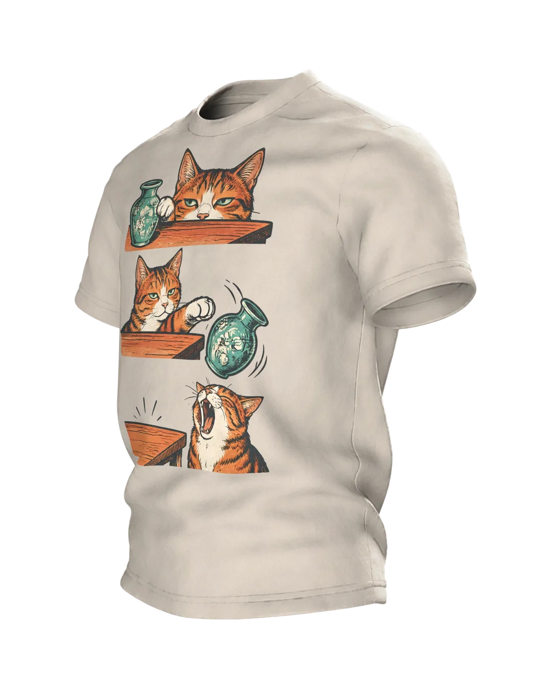 Funny Cat T-Shirt: Cat Knocks Vase Off Table, Comic Panel Art, Side view, right