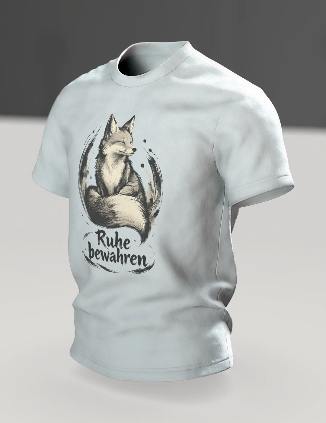 Fuchs Spruch T-Shirt „Ruhe bewahren“ in Tusche-Optik, Im Raum, schräg