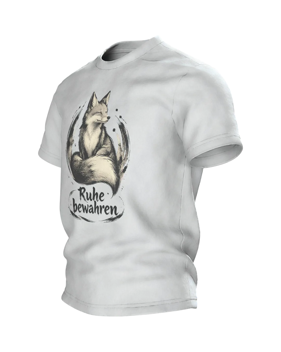 Fuchs Spruch T-Shirt „Ruhe bewahren“ in Tusche-Optik, Seitenansicht rechts
