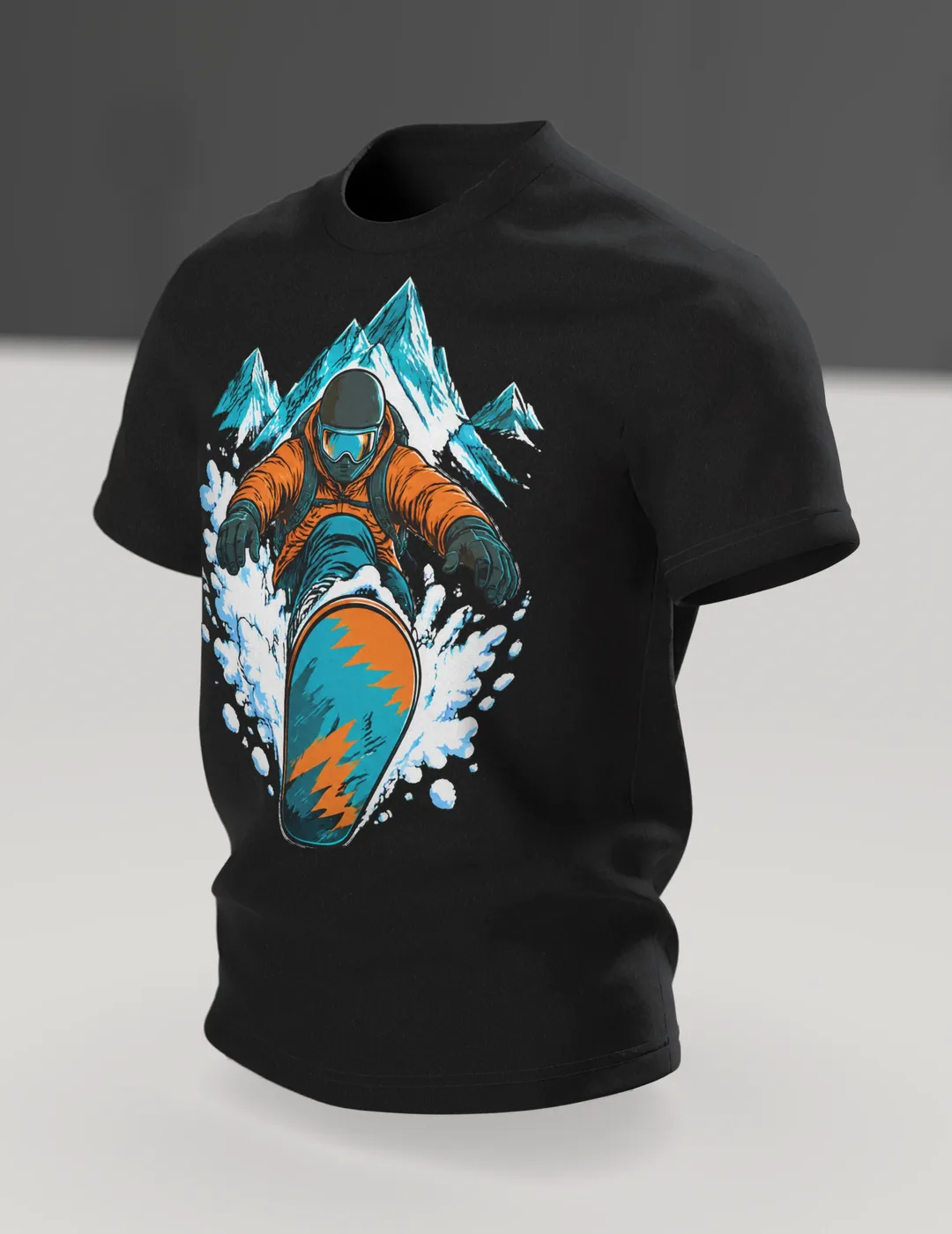 Snowboard T-Shirt: Snowboarder in Deep Powder, In context, angled